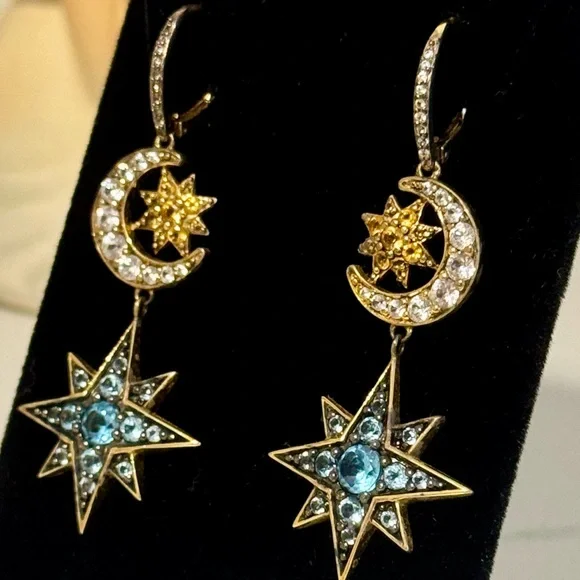 18k Gold Multi-Gemstone Celestial Star and Moon Earrings - Picture 6 of 9